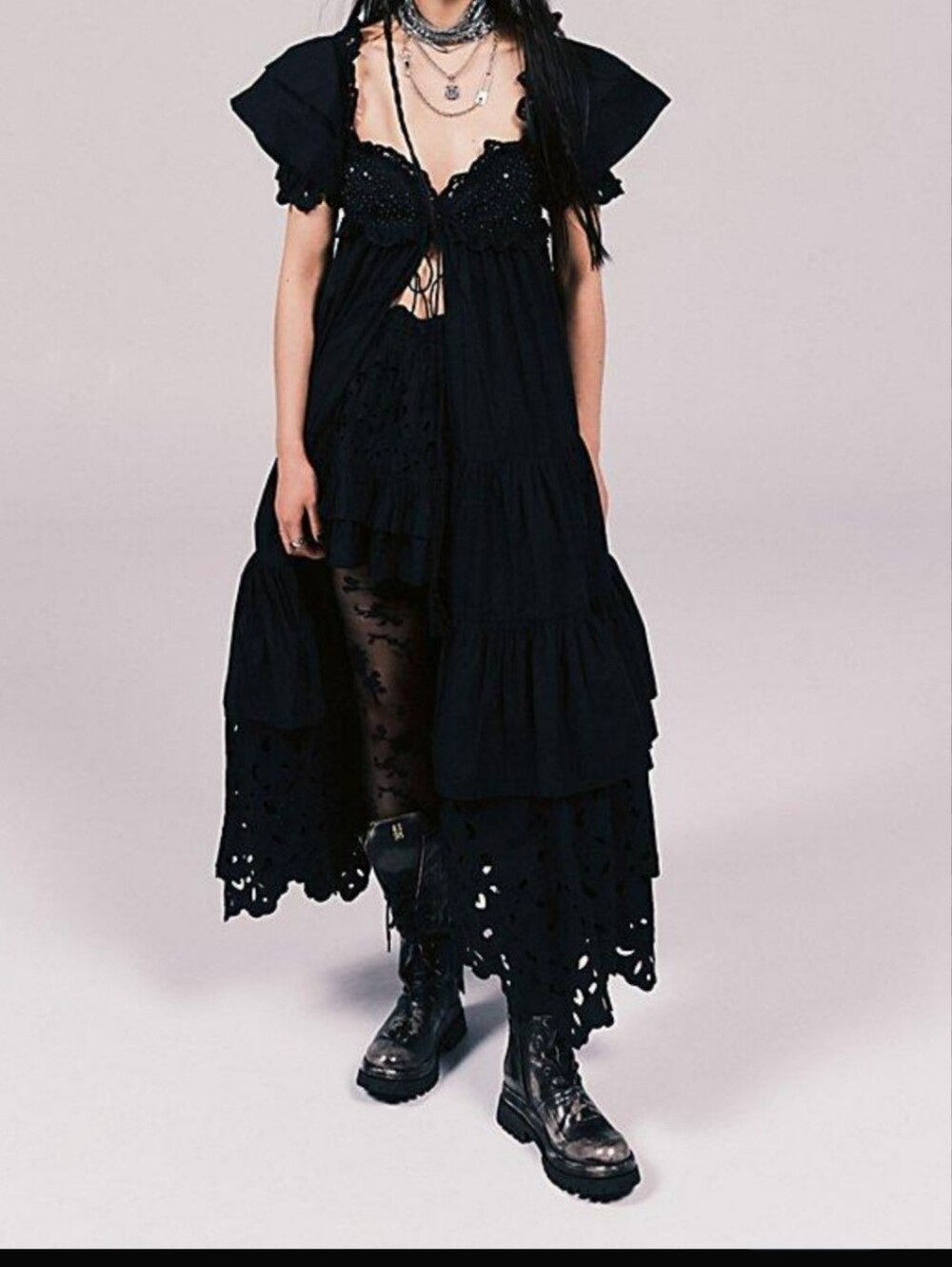 Free People Black Tiered Eyelet High-Low Midi Dress